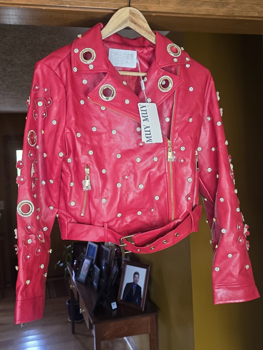 NWT Muy Muy Boutique Red Vegan Leather Jacket Studded Jeweled
